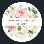 Pastel Blush Pretty Pink Floral Botanical Wedding Classic Round Sticker<br><div class="desc">Elegant Blush pink / peach spring floral botanical wedding favour sticker featuring a bouquet of soft pastel watercolor roses, peonies and hydrangeas in shades of blush pink, peach and cream with lush green botanical leaves and eucalyptus leaves. A modern design choice that is perfect for spring and summer sage blush...</div>