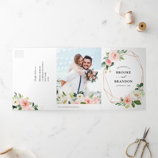 Pastel Blush Pretty Pink Floral Botanical Wedding  Tri-Fold Announcement (Outside)