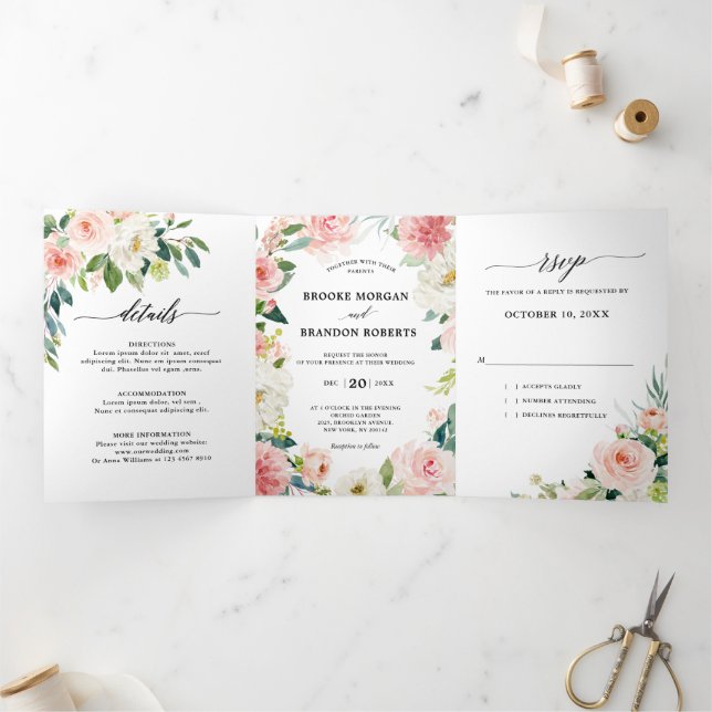 Pastel Blush Pretty Pink Floral Botanical Wedding Tri-Fold Announcement (Inside)