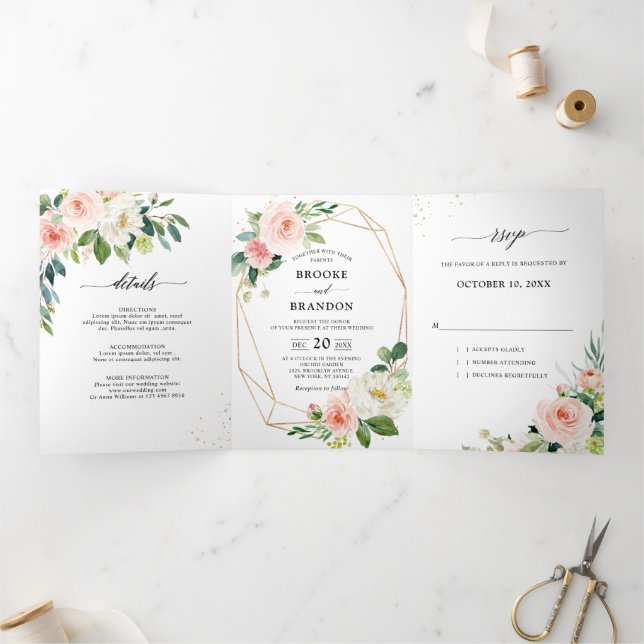 Pastel Blush Pretty Pink Floral Botanical Wedding Tri-Fold Announcement (Inside)