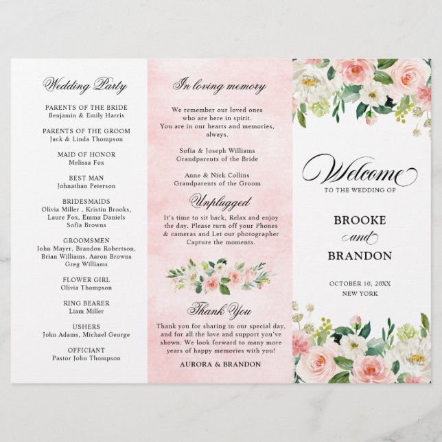 Pastel Blush Pretty Pink Floral Wedding Program (Front)