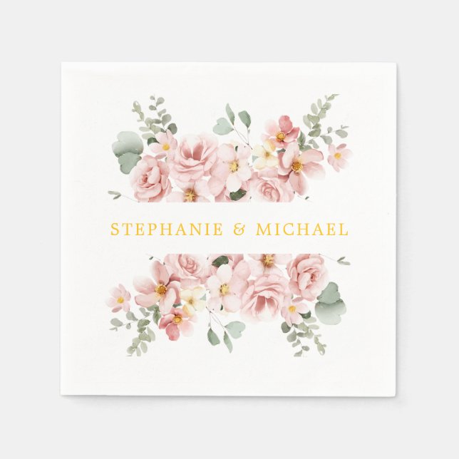 Pastel Blush Rose Floral Botanical Wedding  Napkin (Front)
