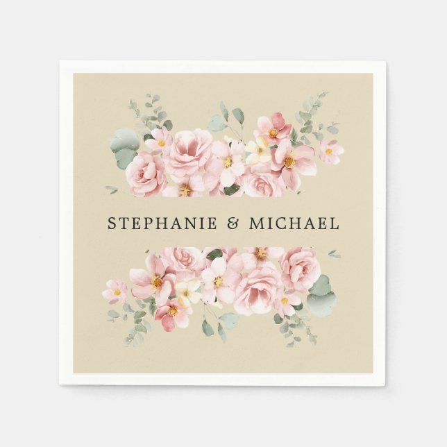 Pastel Blush Rose Floral Botanical Wedding  Napkin (Front)