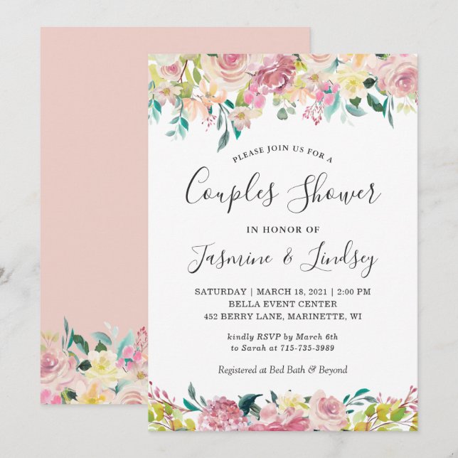 Pastel Blush Spring Floral Wedding Couples Shower Invitation (Front/Back)