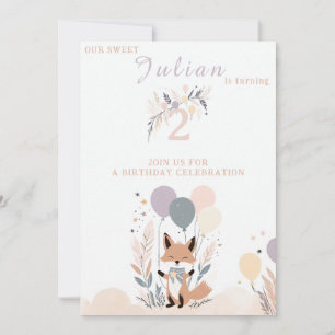 Pastel Boho Baby Fox and Balloons Birthday Invitation