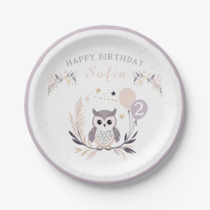 Pastel Boho Baby Owl and Balloons Birthday Paper Plate