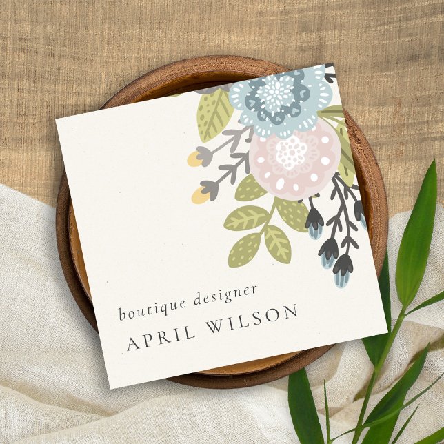 Pastel Boho Blush Blue Green Leafy Floral QR Code  Square Business Card (Creator Uploaded)
