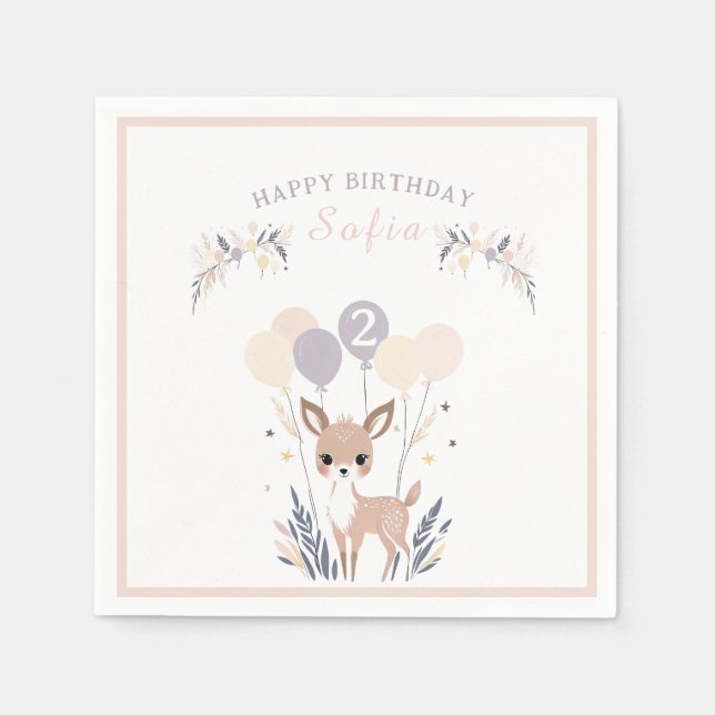Pastel Boho Fawn and Balloons Birthday  Napkin (Front)