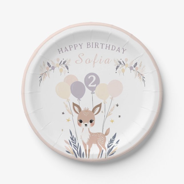 Pastel Boho Fawn and Balloons Birthday  Paper Plate (Front)