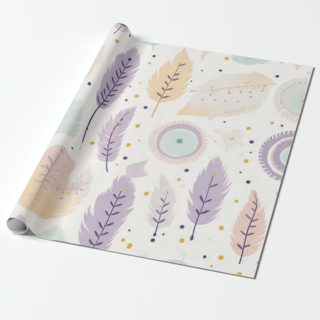 Pastel Boho Feather Pattern with Geometric Accents Wrapping Paper (Unrolled)
