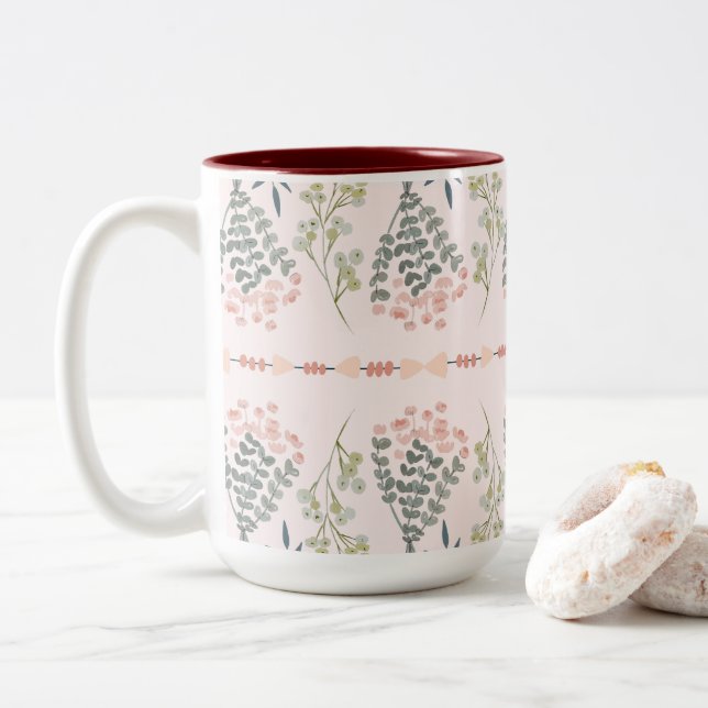 Pastel Boho Flower Bouquet Two-Tone Coffee Mug (With Donut)