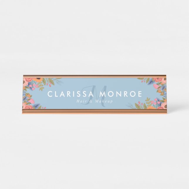 Pastel Boho Flowers Monogram Desk Name Plate (Front)