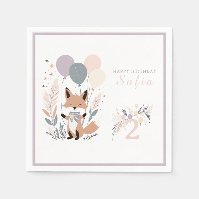 Pastel Boho Fox and Balloons Birthday Napkin (Front)