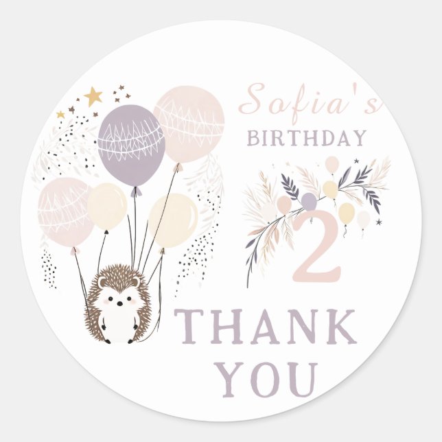 Pastel Boho Hedgehog and Balloons Birthday Classic Round Sticker (Front)