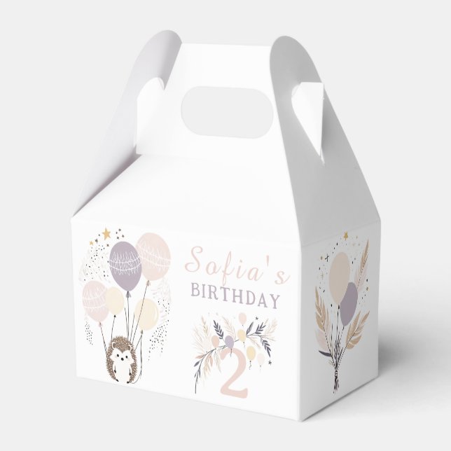 Pastel Boho Hedgehog and Balloons Birthday Favour Box (Front Side)