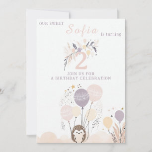 Pastel Boho Hedgehog and Balloons Birthday Invitation