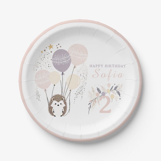 Pastel Boho Hedgehog and Balloons Birthday Paper Plate (Front)