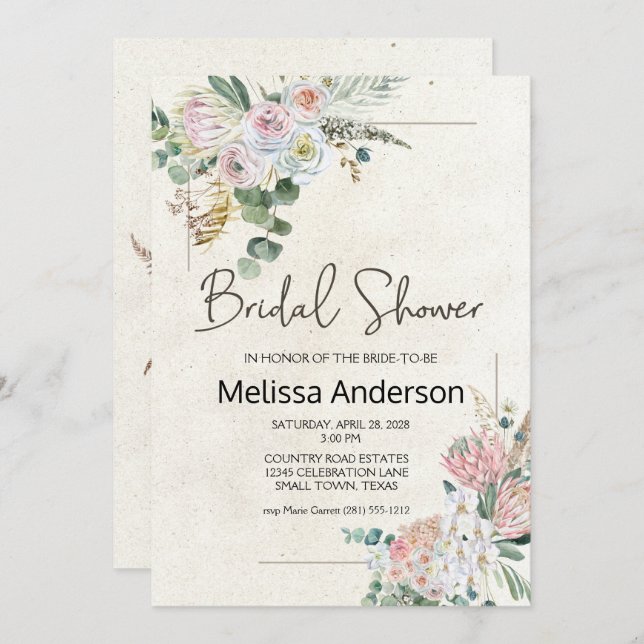 Pastel Boho Neutral Floral Elegant Bridal Shower  (Front/Back)