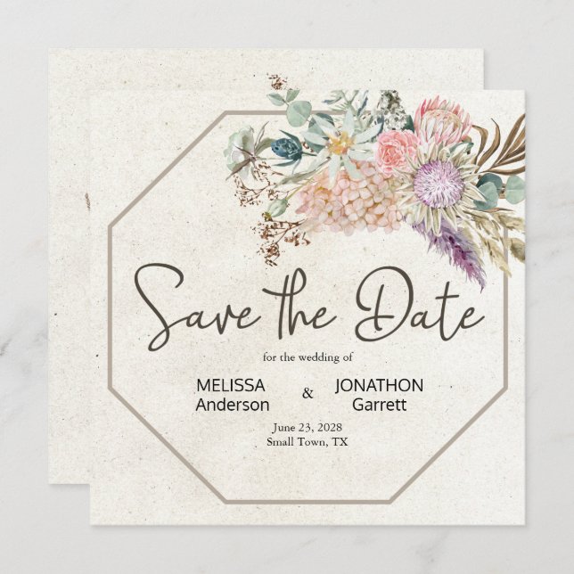 Pastel Boho Neutral Floral Elegant Save The Date (Front/Back)