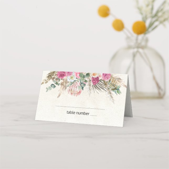 Pastel Boho Neutral Floral Wedding Place Card (Front)