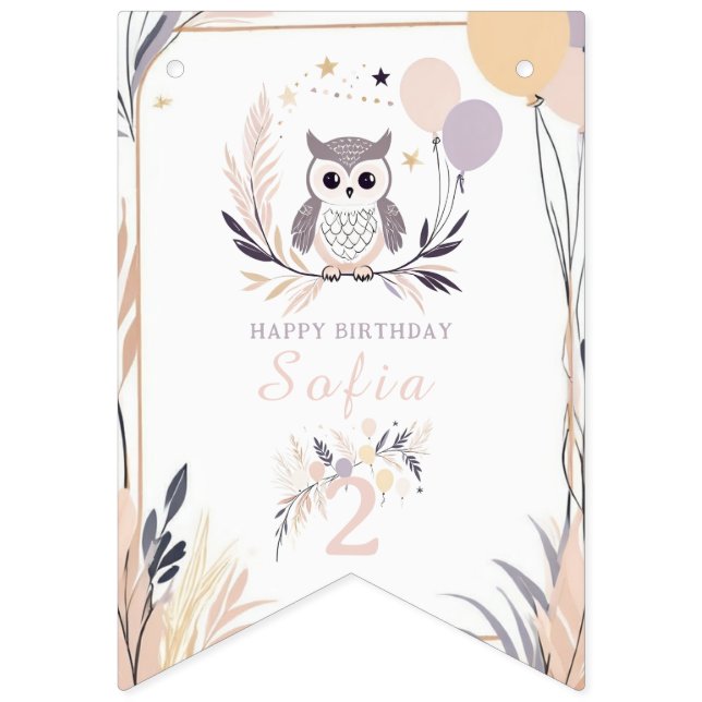 Pastel Boho Owl and Balloons Birthday Bunting (First Flag)