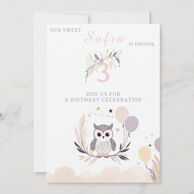 Pastel Boho Owl and Balloons Birthday Invitation (Front)