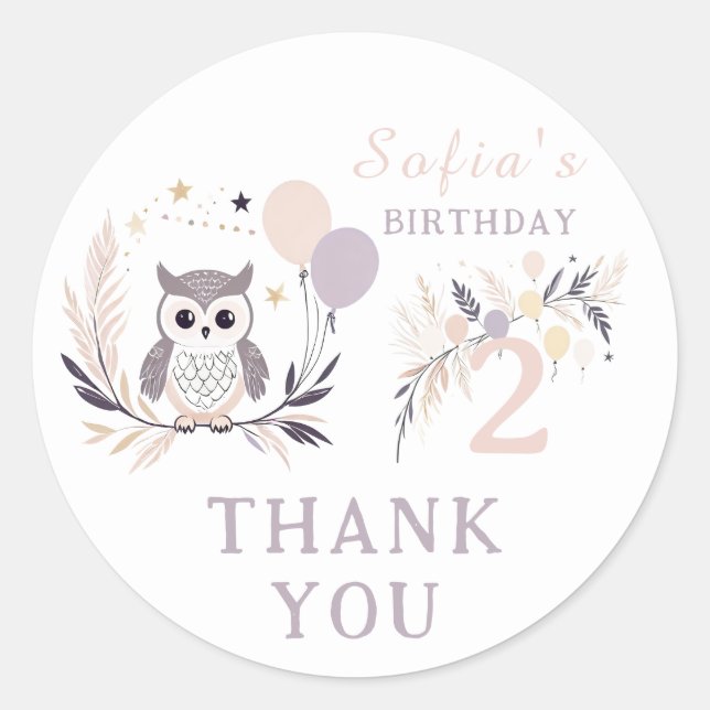 Pastel Boho Owl & Balloons Birthday Thank You Classic Round Sticker (Front)