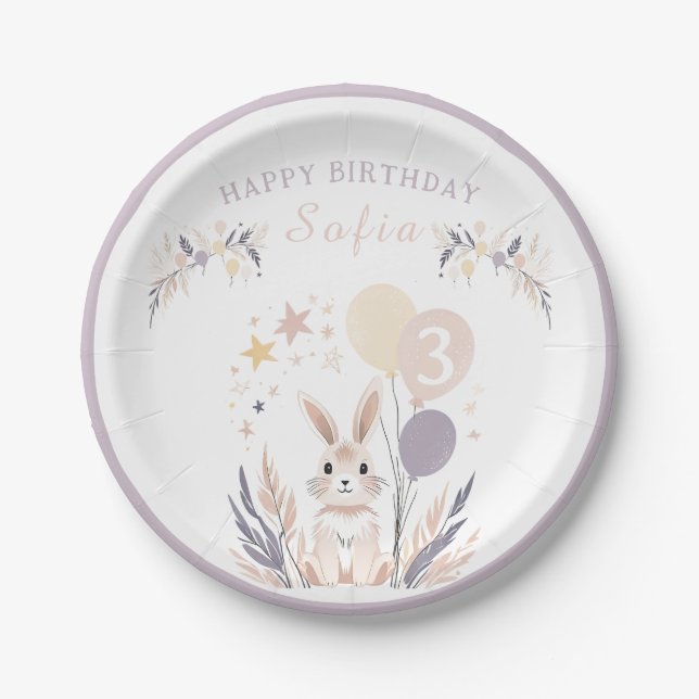 Pastel Boho Rabbit and Balloons Birthday  Paper Plate (Front)