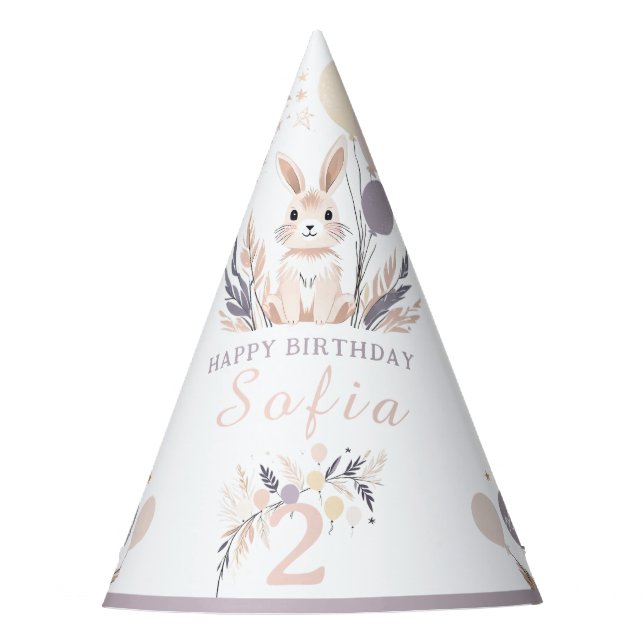 Pastel Boho Rabbit and Balloons Birthday Party Hat (Front)