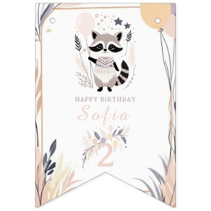 Pastel Boho Racoon and Balloons Birthday Bunting