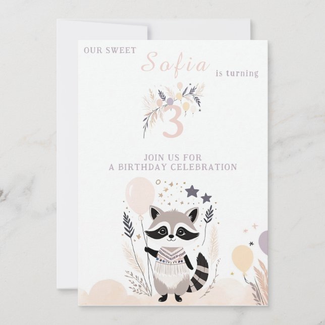 Pastel Boho Racoon and Balloons Birthday Invitation (Front)