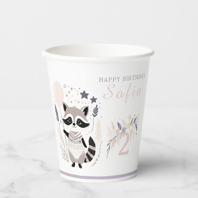 Pastel Boho Racoon and Balloons Birthday Paper Cups (Front)