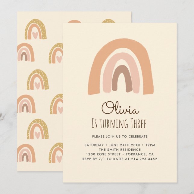 Pastel Boho Rainbow 3rd Birthday Invitation Cards (Front/Back)