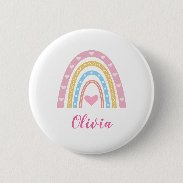 Pastel boho rainbow and hearts custom name  6 cm round badge (Front)