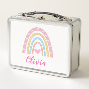 Pastel boho rainbow and hearts custom name  metal lunch box