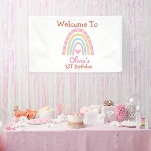 Pastel Boho Rainbow With Hearts birthday Welcome Banner