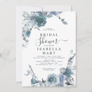 Pastel Boho Slate Blue Dusty Floral Bridal Shower Invitation