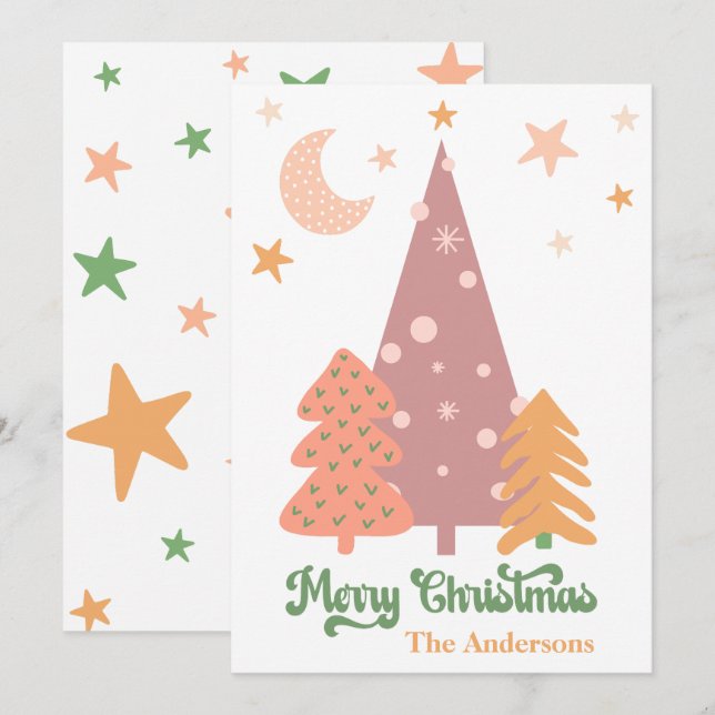 Pastel BOHO Xmas Trees Merry Christmas Holiday Card (Front/Back)