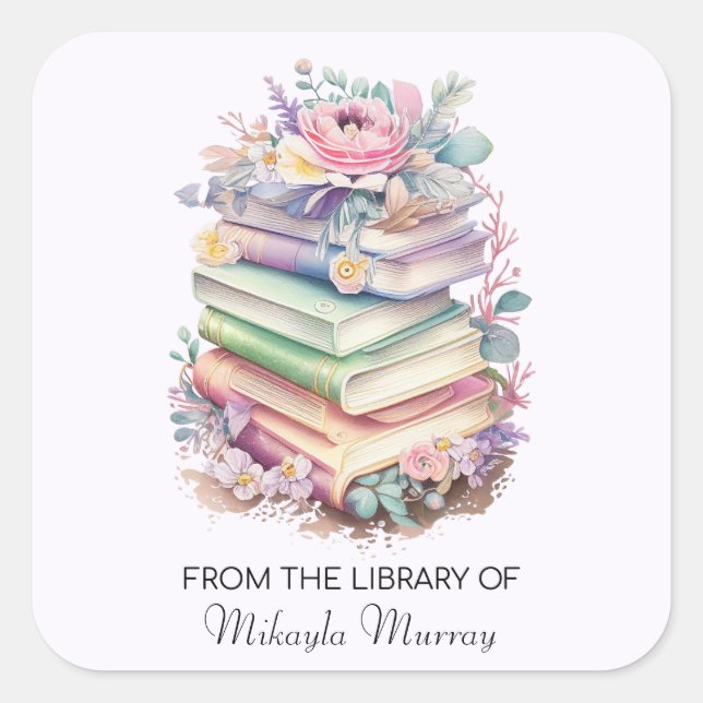 Pastel Books & Flowers Personalised Bookplates Square Sticker (Front)