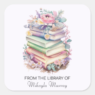 Pastel Books & Flowers Personalised Bookplates Square Sticker