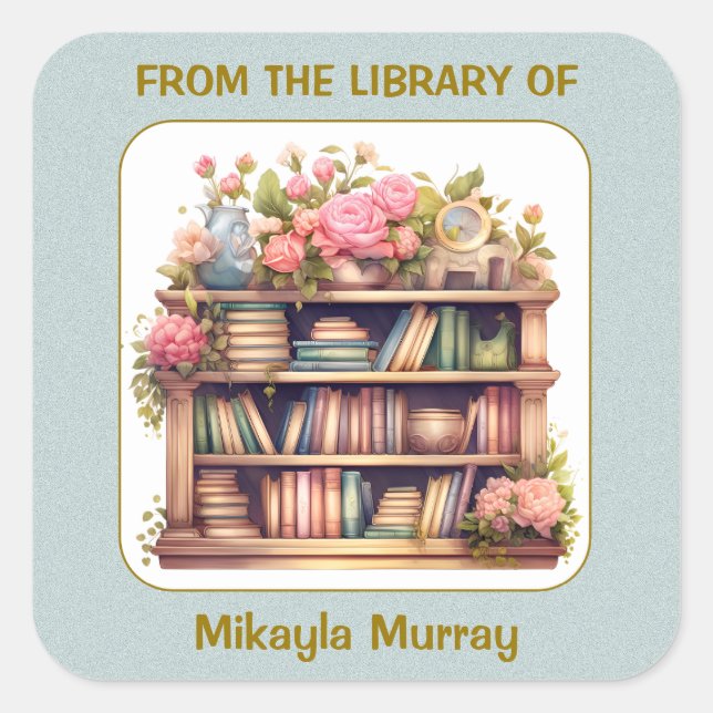Pastel Books, Pink Flowers, Shelf Bookplate Square Sticker (Front)