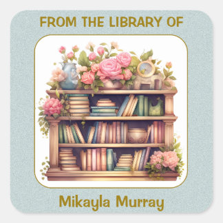 Pastel Books, Pink Flowers, Shelf Bookplate Square Sticker
