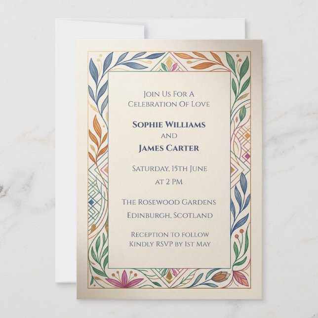 Pastel Botanical Border Wedding Invitation (Front)