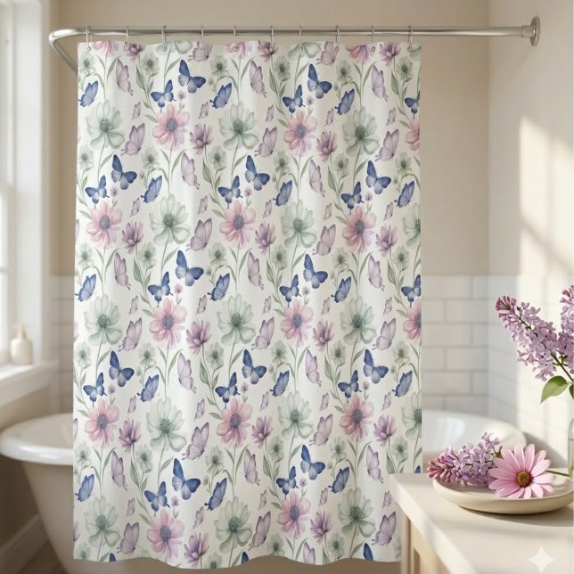Pastel Botanical Floral Butterfly  Shower Curtain (Pastel botanical floral butterfly shower curtain)