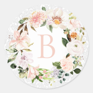 Pastel Botanical Floral Lace Wreath Monogram Classic Round Sticker