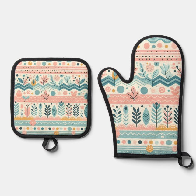Pastel Botanical Mitts Oven Mitt & Pot Holder Set (Front)