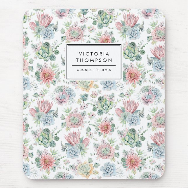 Pastel Botanical Watercolor Succulents Pattern Mouse Mat (Front)