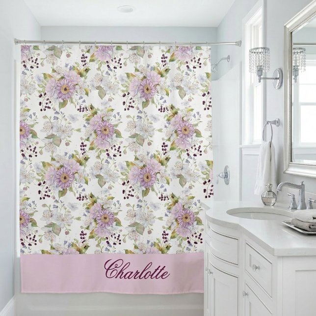 Pastel Botanical Wildflower Personalised Monogram Shower Curtain (Pastel Botanical Wildflower Personalized Monogram Shower Curtain)