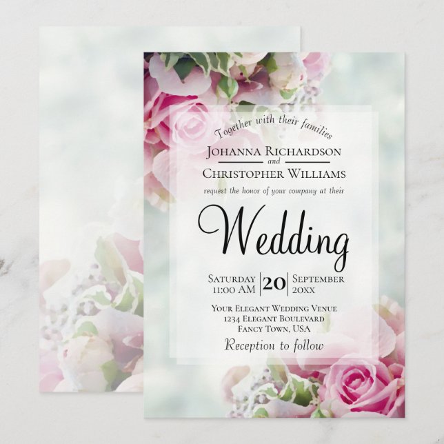 Pastel Bouquet Pink Roses & Peony Buds Wedding Invitation (Front/Back)