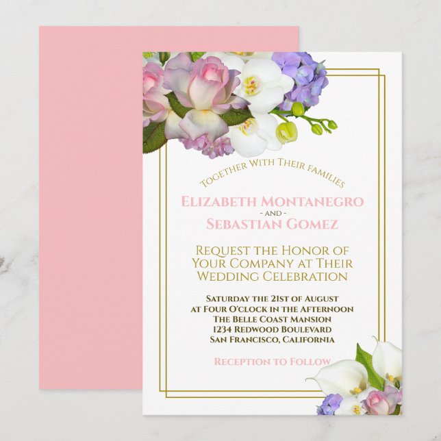 Pastel Bouquet Spring Floral Gold and Pink Wedding Invitation (Front/Back)